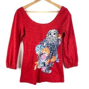 Anthropologie Red and White Knit Top owl large EUC bubble sleeves tunic blouse